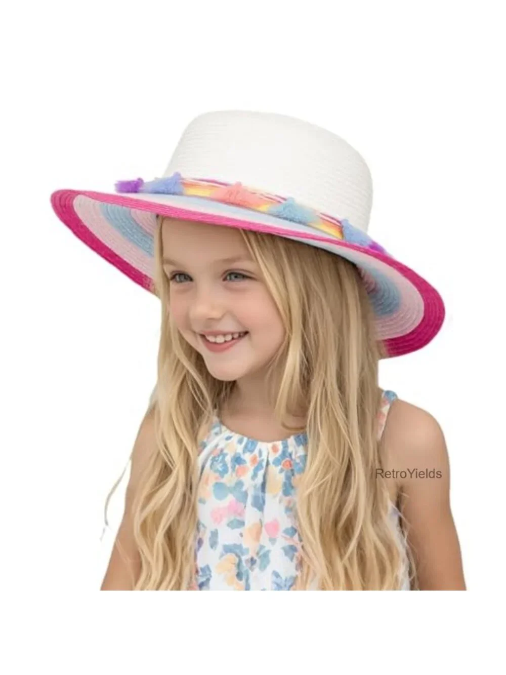 Girls Sun Straw Hat UPF 50+ Wide Brim with Tassels